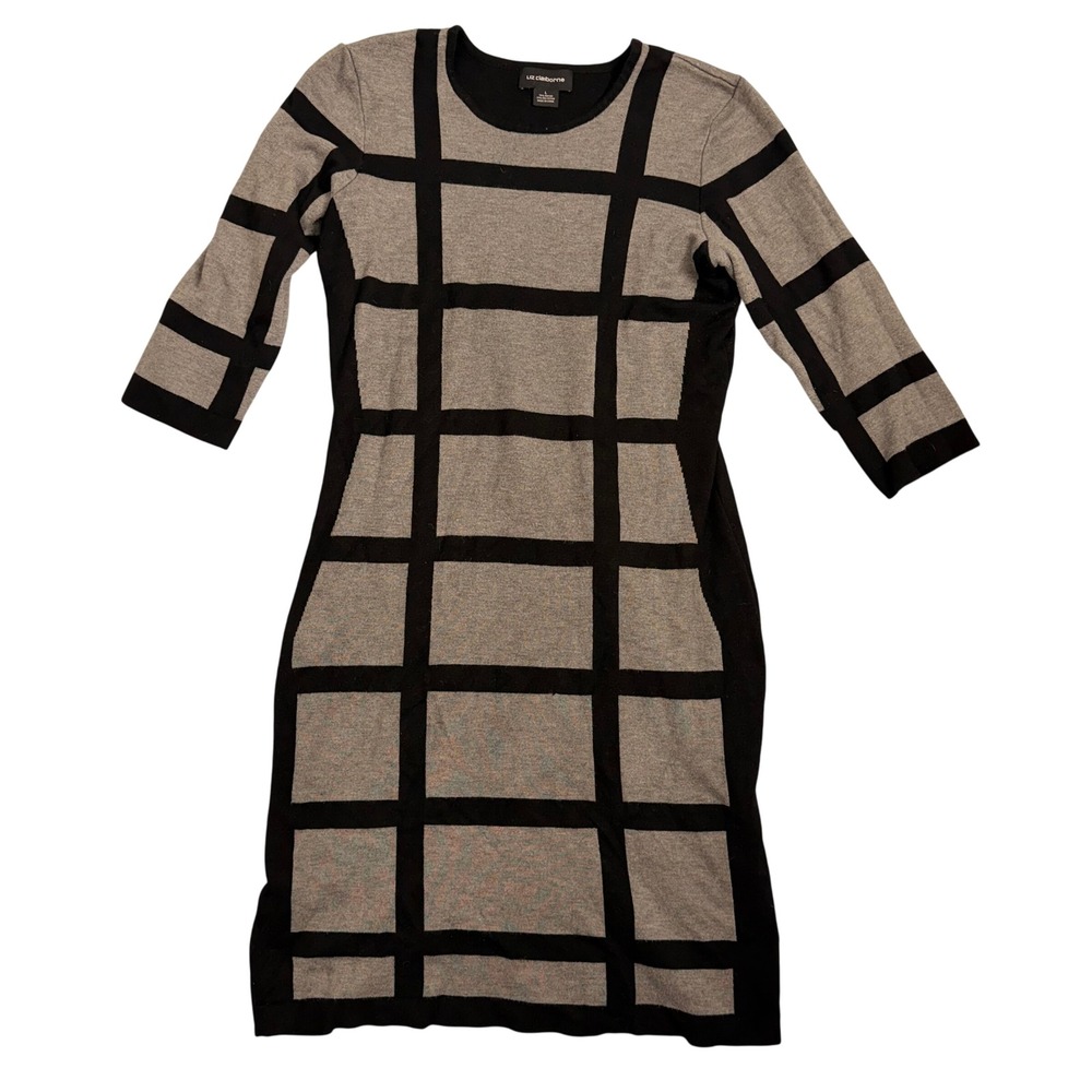 Liz Claiborne Women's Black Gray Grid Pattern Knit Dress Size L